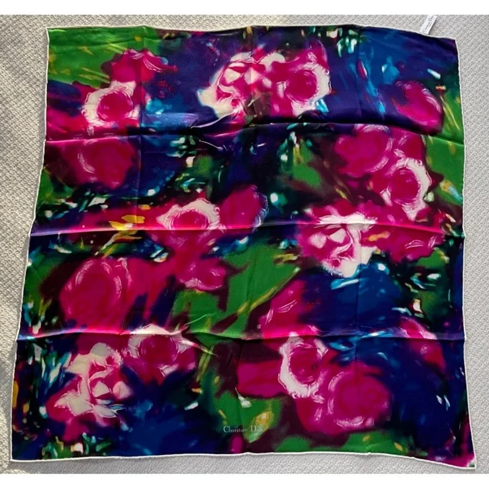 New NWOT Christian Dior Vintage Scarf Floral Hawaiin Flowers Pink Blue Green
